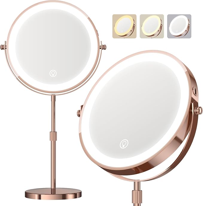 Makeup Mirror with Lights, 1x/20x 360ÃÂ° Rotation Vanity Mirror, Brightness Adjustable Lighted Makeup Mirror with Magnification, 5000 mAh Rechargeable Double Sided Mirror with 3 Colors, Gift for Women