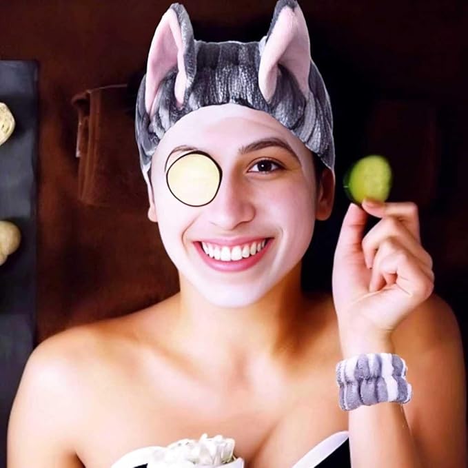 Cute Spa Headband and Wristband Set for Women Kawaii Cat Ear Gray Makeup Headband for Washing Face (3PCS, Gray)