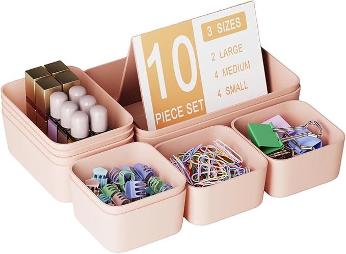 Plastic Drawer Organizers, 10 PCS Drawer Organizer Bins, Bathroom and Vanity Organizer Plastic Tray, Makeup organizer and storage for Makeup, Bedroom, Kitchen Gadgets Utensils and Office (Pink)