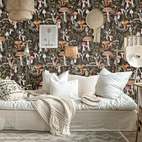 Mushroom Wallpaper Peel and Stick Textured?Boho Contact Paper Removable Vintage Forest Stick on Wallpaper Self Adhesive for Bedroom Bathroom, Black Green Brown White, 17.3 x 79 inch