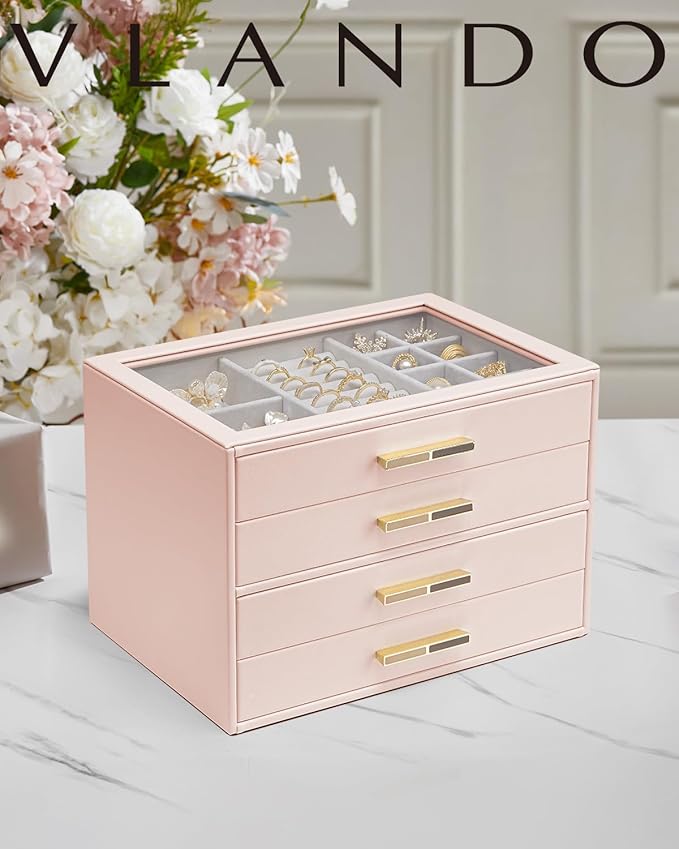 VLANDO 4 Layer Jewelry Box for Women, Glass Lid Jewelry Organizer with 4 Drawers for Necklaces Rings Earrings Bracelets - Dark Pink