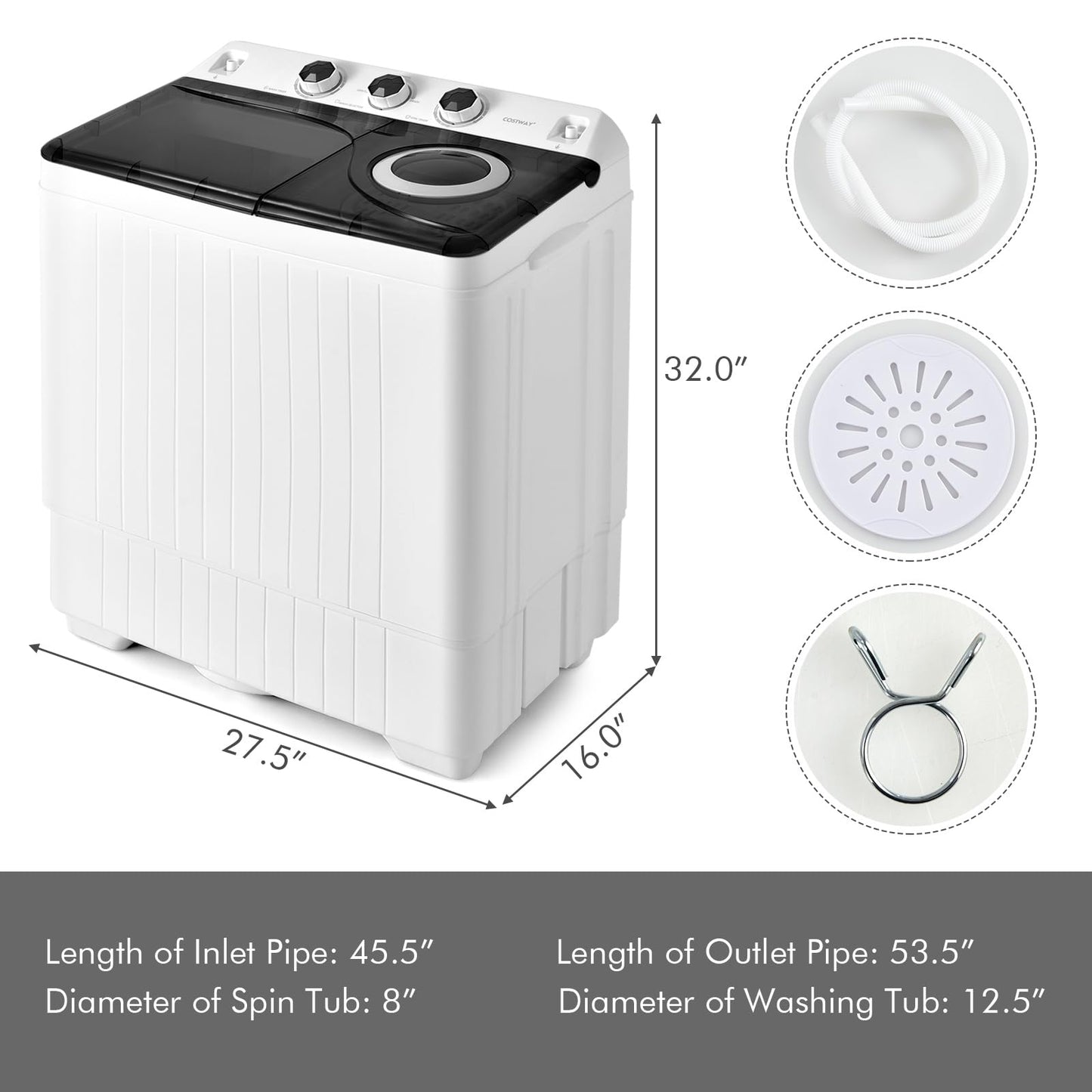 COSTWAY Portable Washing Machine, 2-in-1 Twin Tub 26lbs Capacity Laundry Washer(18lbs) and Spinner(8lbs) with Control Knobs, Timer Function, Drain Pump, Perfect for Home Apartment RV, Black