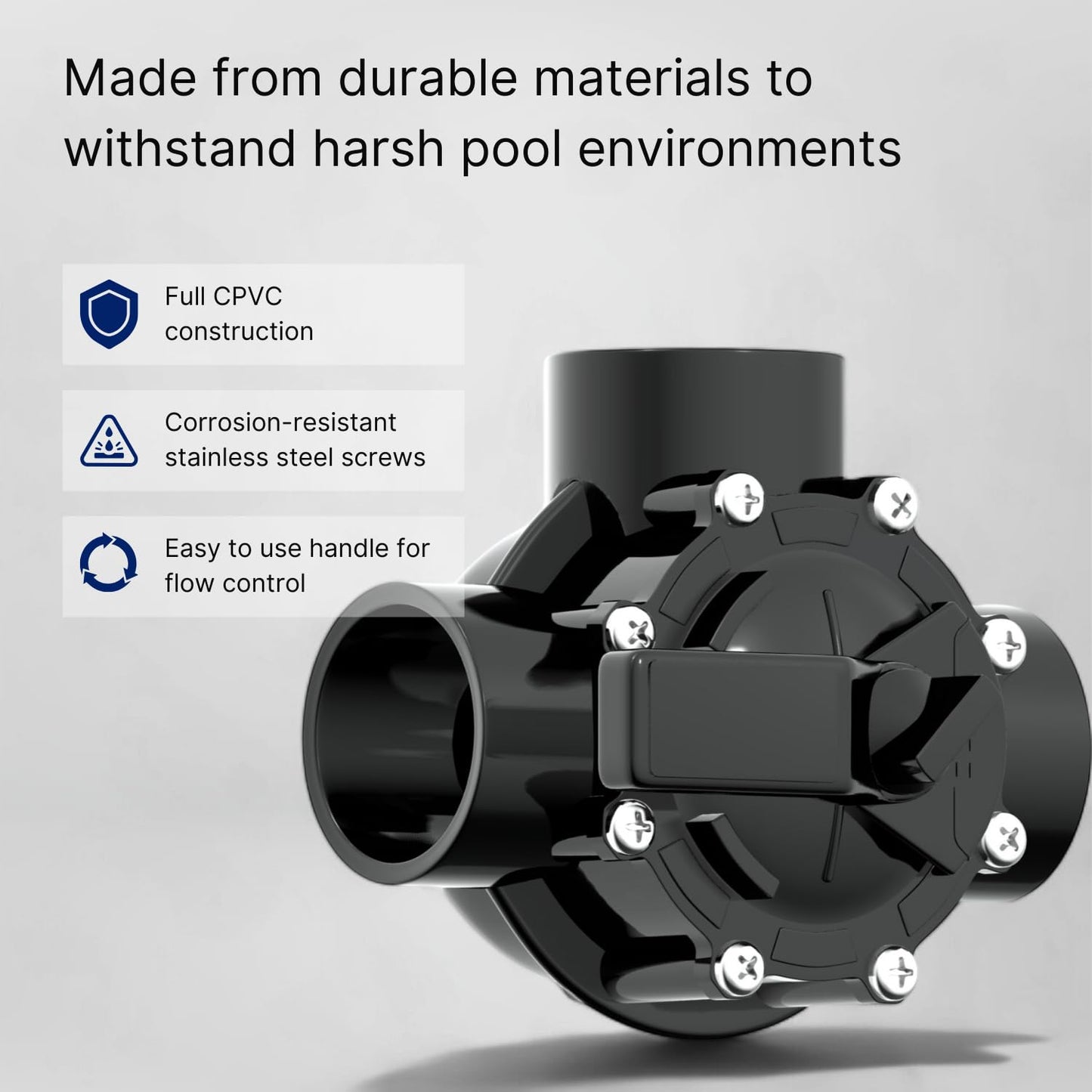 FibroPool Swimming Pool Diverter Valve - 1 1/2 Inch - 3 Way - Positive Seal & Non Lube Replacement Valve for Pools and Spas Black