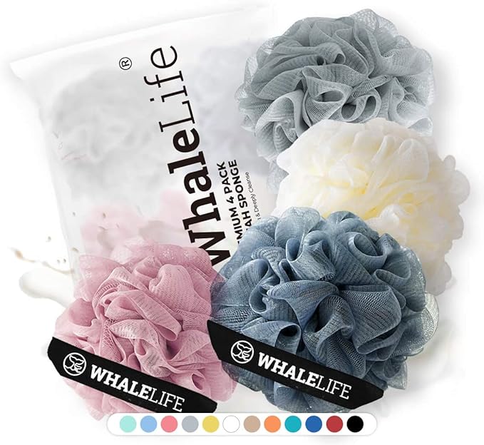 Loofah Sponge Bath Sponge for Women Men 4 Pack (Pink Blue Yellow Gray)