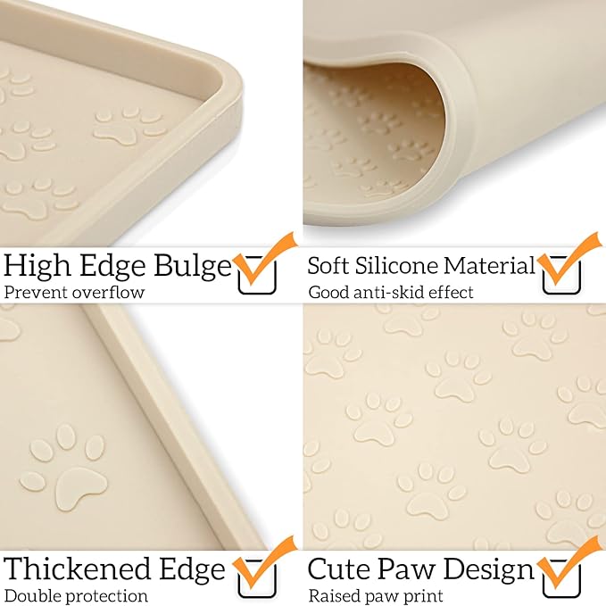 Ptlom Silicone Pet Placemat for Dog and Cat, Waterproof Non-Slip Pet Feeding Bowl Mats for Food and Water, Small Medium Large Tray Mat Prevent Residues from Spilling to Floor, Beige, 24.5" 16.5"