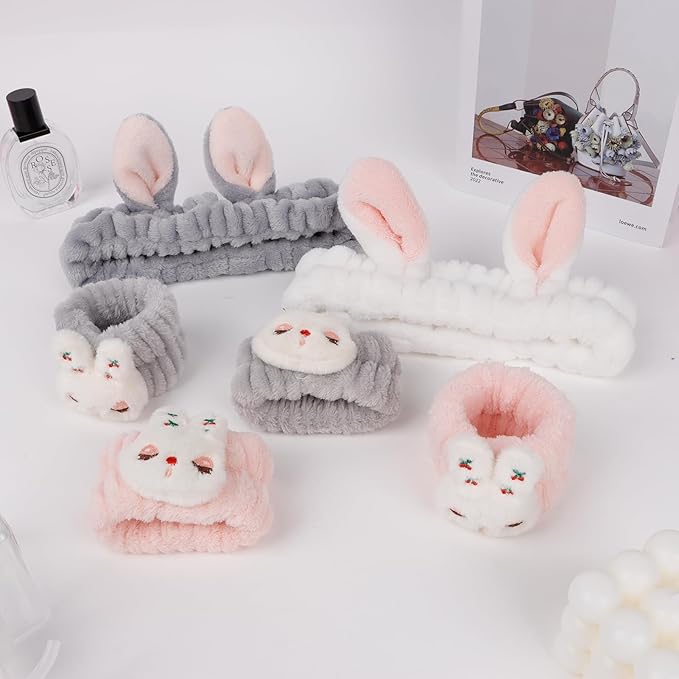 YISSION Bunny Ear Spa Headband & Wristband Set for Women and Girls - Soft Plush Makeup Headband with Embroidered Bunny Wrist Towels for Face Washing, Skincare, Easter (Gray & White)
