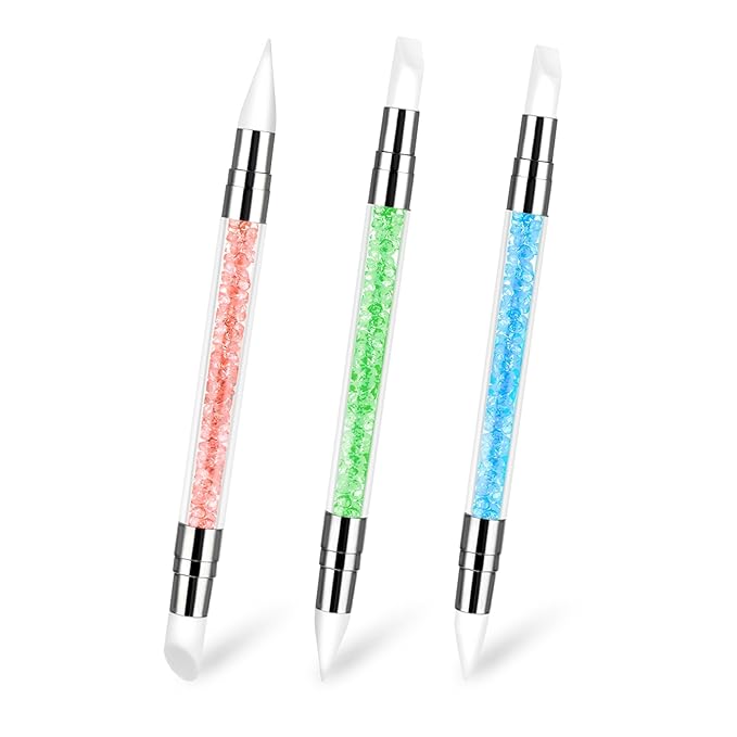 3 Pcs Nail Art Sculpture Pen, Dual Tipped Silicone Nail Tools, Silicone Head Acrylic Handle Nail Art Brushes for Design Nail Foil Carving Drawing Effect Shaping Drawing (Blue, Green, Orange)