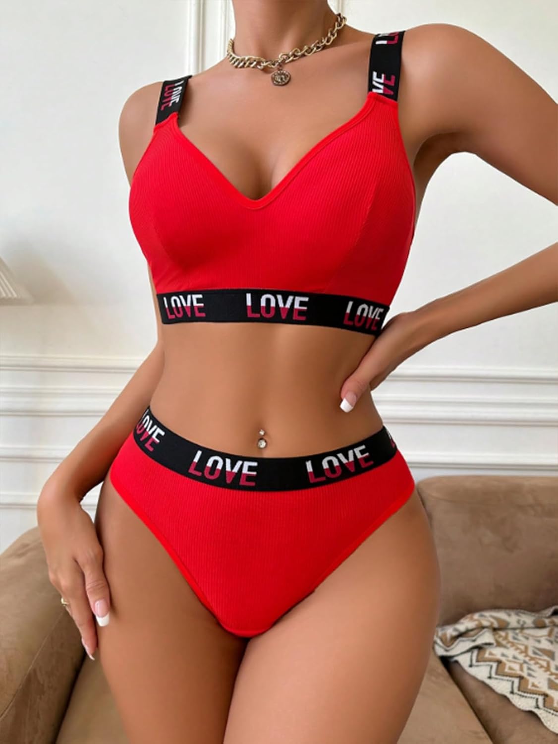 Women's 2 Piece Lingerie Set Love Letter Print Bra and Panty Set Underwear for Women