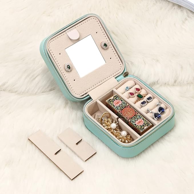 Jewelry Case with Mirror, Small Travel Jewelry Organizer, Portable Mini Storage Box for Rings, Earrings, Necklaces, Gift for Mother Mom, Girl, Daughter, Sisters, Bridesmaids, Mother's Day Gift (Blue)