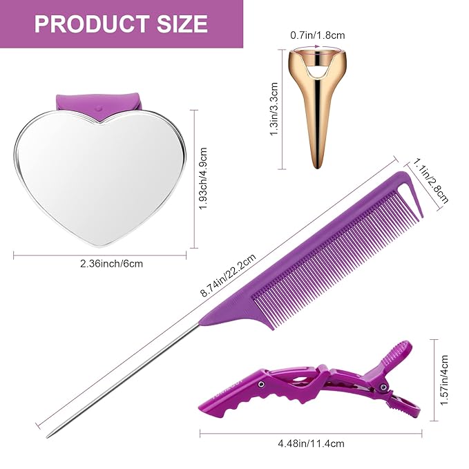 Hair Parting Tools Set, 17 Pieces Including Hair Parting Rings, Sectioning Clips, Rat Tail Combs, Magnetic Wrist Pin Holder for Braiding (Purple)