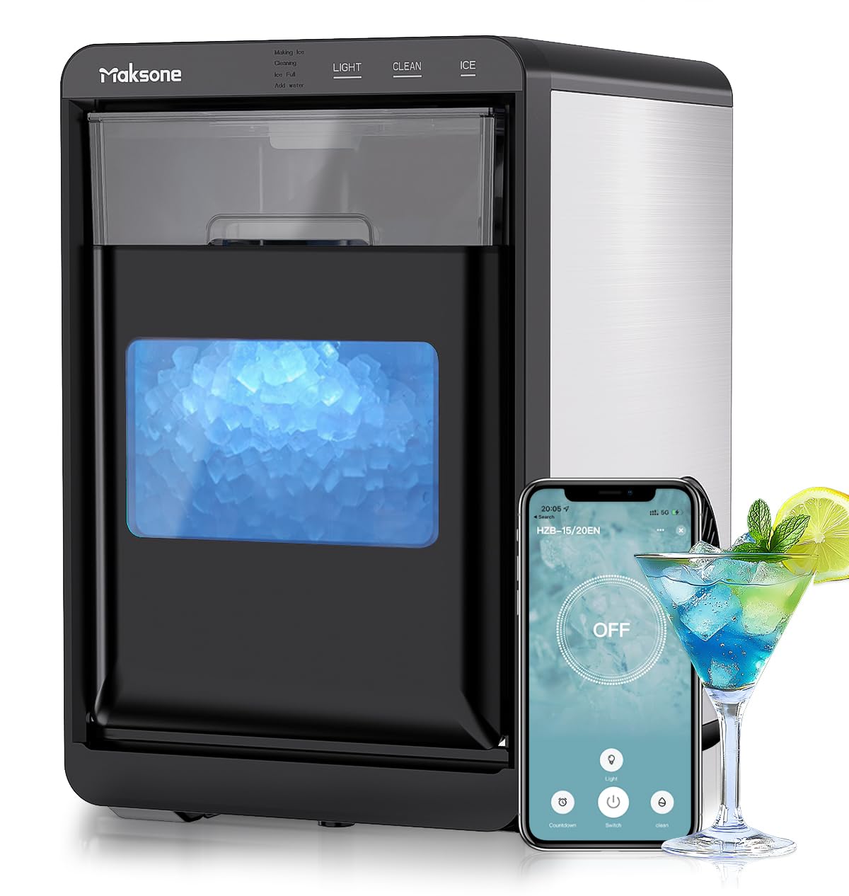 Maksone Nugget Ice Maker Countertop,44lbs/Day,Self-Cleaning ice Machine with Pebble ice,One-Click Operation,for Home/Kitchen/Office