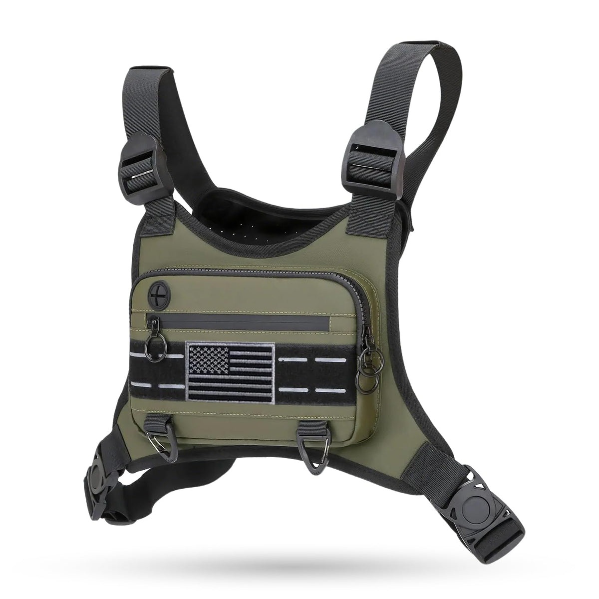 Muserise Sports Chest Bag For Men Women, Water Resistant Lightweight Front Chest Pack, Running Vest Bag With Built-In Phone Holder & Extra Storage For Workouts, Running, Cycling (Olive)