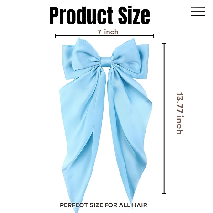 2PCS Big Hair Bow Clips for Women Girls Ã¢ÂÂ Light Blue Satin Ribbon Bow Barrettes with Long Tails, Large Pastel Hair Accessories for Ponytail, Spring & Casual Styling