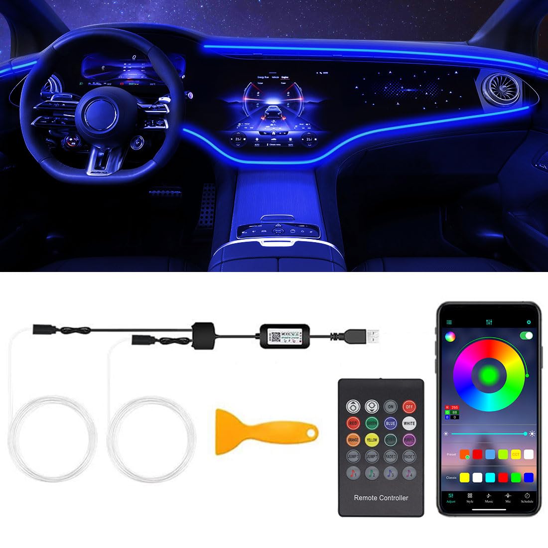 Interior Car LED Strip Lights with Wireless APP & Remote Control, RGB 2 in 1 Car Ambient Lighting Kit with 158 Inches Fiber Optic, Inside Neon Dash Strip with Music Mode
