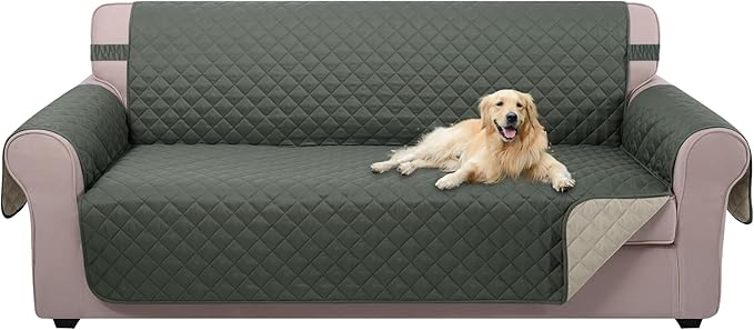 U-NICE HOME 4 Seater Sofa Cover 91 Inch Large Couch Covers for 4 Cushion Couch with Elastic Straps Water Resistant Furniture Protector Cover for Pets Cat (Sofa XX-Large, Grey/Beige)