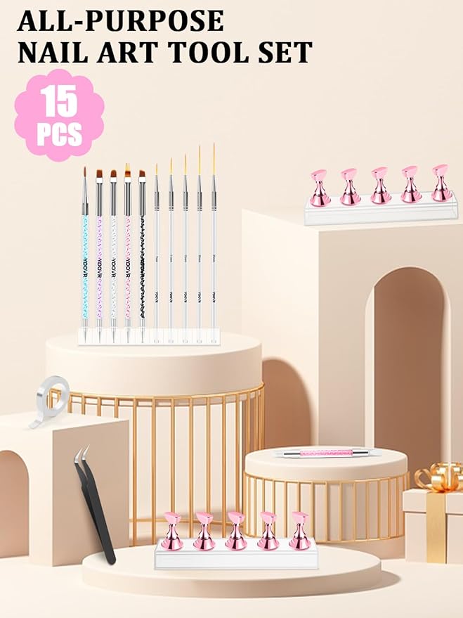 Nail Art Tools Set, Nail Stand for Press on Holder for Painting Nails, Nail Art Brushes and Dotting Tools, Nail Design Tools Supplies, Gel Polish and Builder Brush, French Tip Brush, Liner Brush