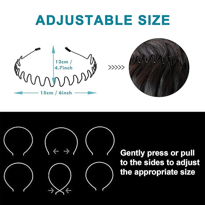 Metal Headband for Hair Control, Adjustable Wavy Zigzag Hair Bands, Non-Slip Elastic Metal Hair Band for Sports, Workout, Running & Yoga, Daily Hair Management (3 Pack)