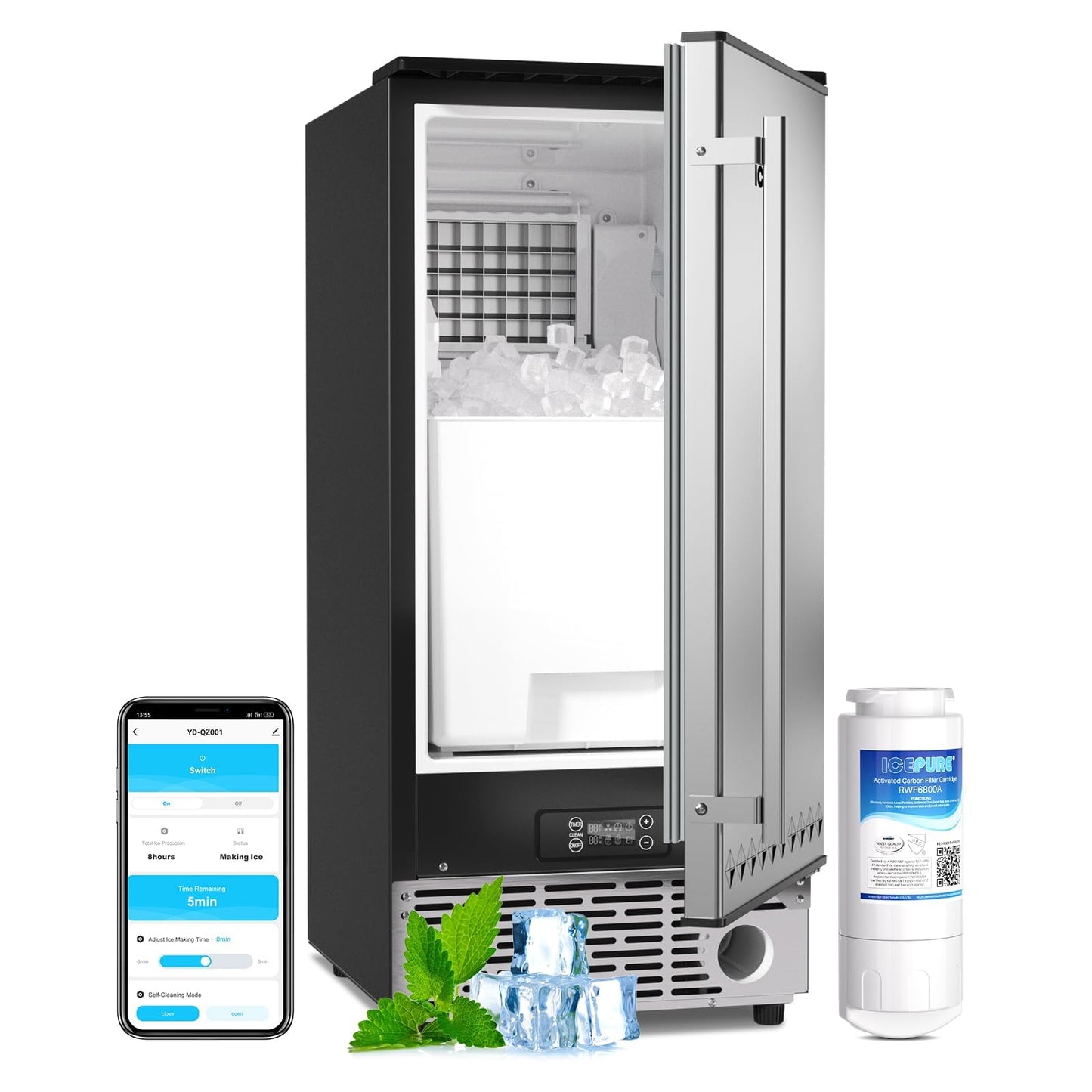 ICEPURE 15" Under Counter Ice Maker with Drain Pump and Filter, WiFi Control, 90lbs/24H, Self-Cleaning, Smart Reminder, 24H Timer, ETL FCC, Freestanding for Residential and Commercial, Stainless Steel