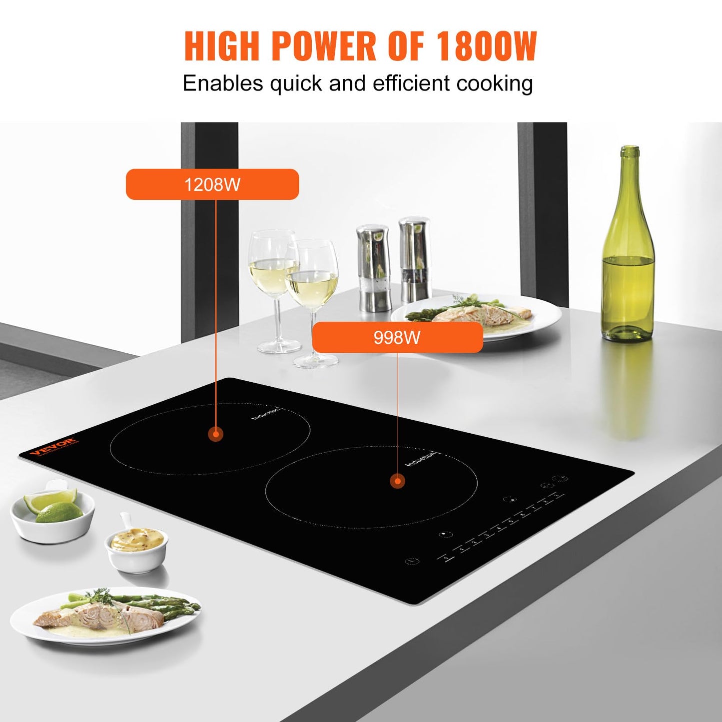 VEVOR Electric Cooktop, 2 Burners, 12'' Induction Stove Top, Built-in Magnetic Cooktop 1800W, 9 Heating Level Multifunctional Burner, LED Touch Screen w/Child Lock & Over-Temperature Protection