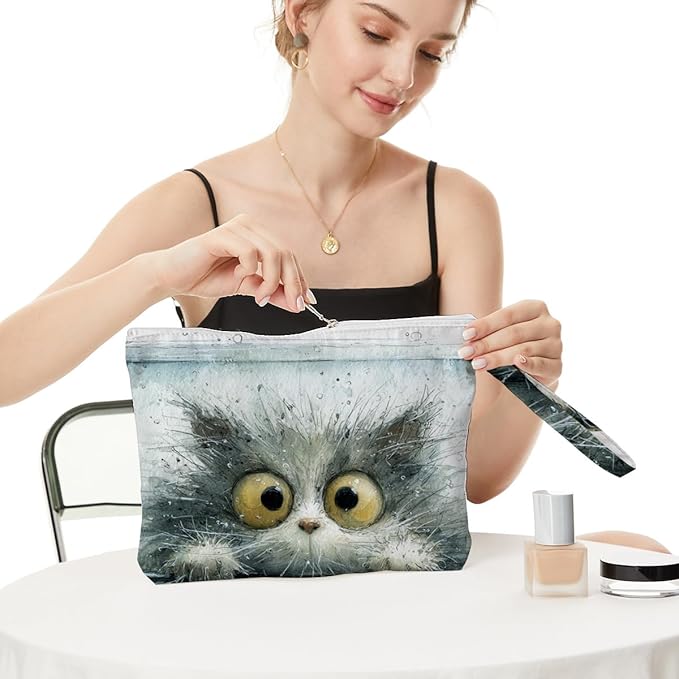 Fokongna Cute Print Wet Bag, Small Portable Waterproof Multi-Functional Organizer for Women, Grey Watercolor Fluffy Cat, Ideal for Daily, Beach & Travel