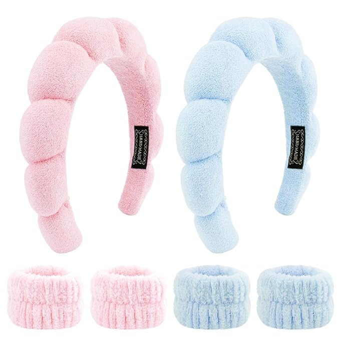 SPA Headbands for Washing Face Makeup Headbands with Bow Hair Band Women Facial Head Band Wrist Towel Wraps For Shower Face Mask Blue Pink, 6 Pack