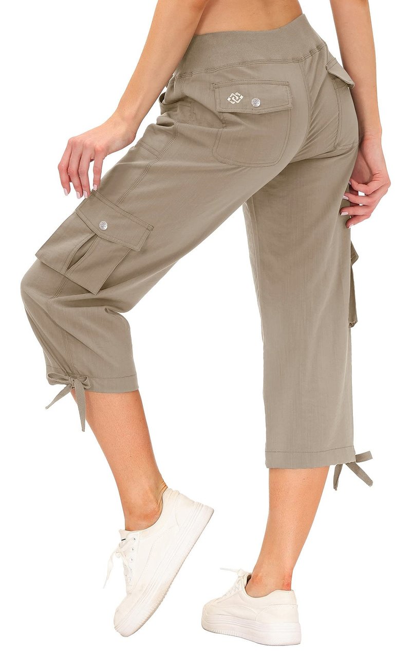 MoFiz Women's Sports Capri Pant Cargo Hiking Pants Lightweight Quick Dry Running Outdoor Capris for Women UPF 50+ Button Pockets Khaki L