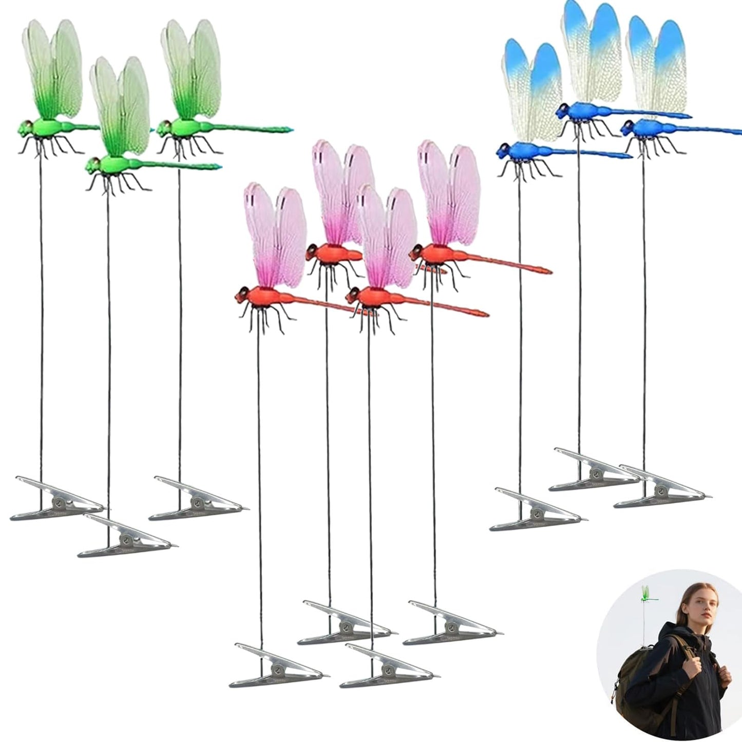 Siunoh Dragonfly Clip Bug Repe Llent - 3D Fake Dragon Fly Clips Garden Decor Stakes Hat Clips, Deer and Horse Humming Bird Fly Deterrent for Indoor/Outdoor Garden(10 Pack)