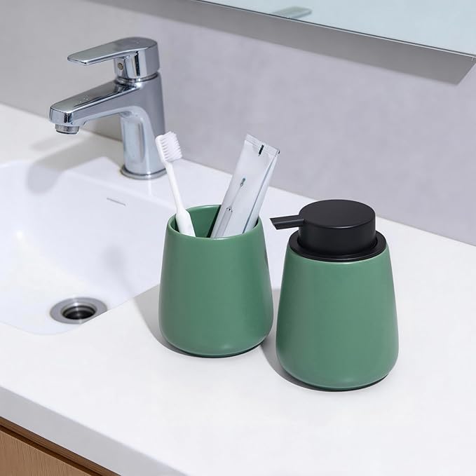 Green Toothbrush Holder for Bathroom - Ceramic Tooth Brushing Holders, Toothbrush Cup, Toothpaste Organizer for Bathroom Countertop, Makeup Brush Holder, Pen Holder for Home Desktop Storage