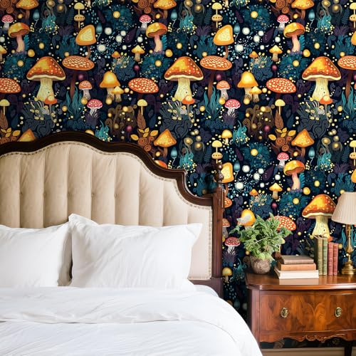 FunStick Gold Dark Blue Mushroom Wallpaper Peel and Stick Boho Woodland Botanical Wall Paper for Bedroom Bathroom Kids Room Wall Mural Colorful Orange Self Adhesive Mushroom Contact Paper for Cabinets