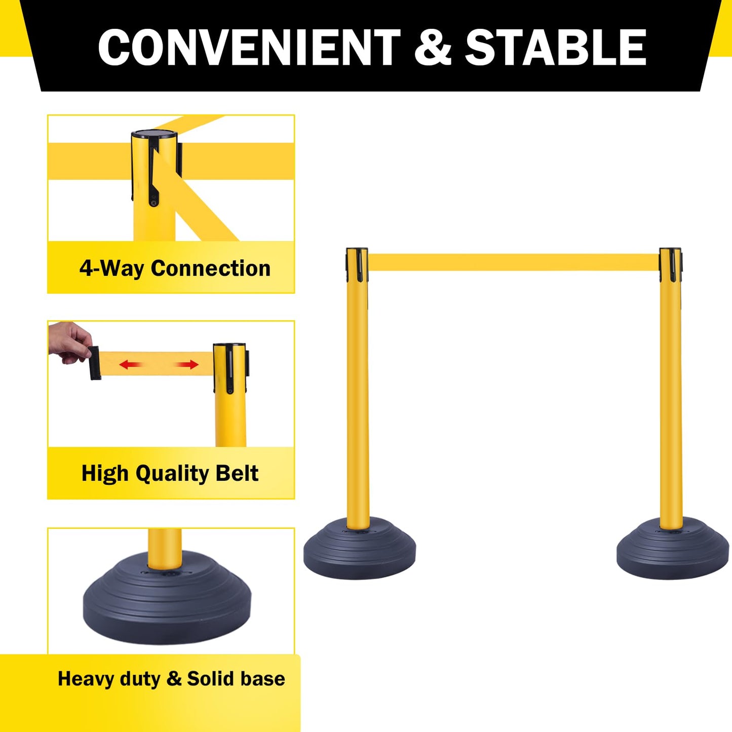 Vilnow 10 ft Crowd Control Stanchion Set, Yellow Crowd Control Barrier with Retractable Belts & Water-Filled Base, Queue Management Stanchion (6 Pack)