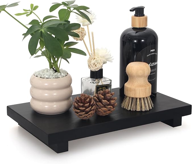 Black Bathroom Counter Tray Organizer Wood Risers Stand Kitchen Sink Trays Dish Soap Dispenser Holder for Countertop Modern Wooden Pedestal Display Farmhouse Bathroom Decor Accessories Vanity Tray