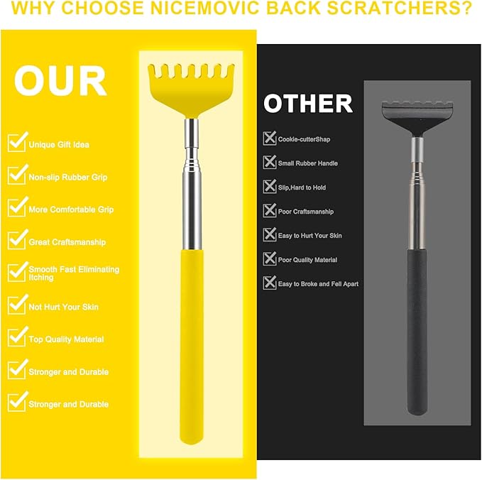 NICEMOVIC 6 Pack Back Scratcher for Women Men, Christmas Stocking Stuffers, Prizes for Adults, White Elephant Gifts for Adults, Extendable Bulk Back Massager Tool for Thanksgiving Birthday (Yellow)