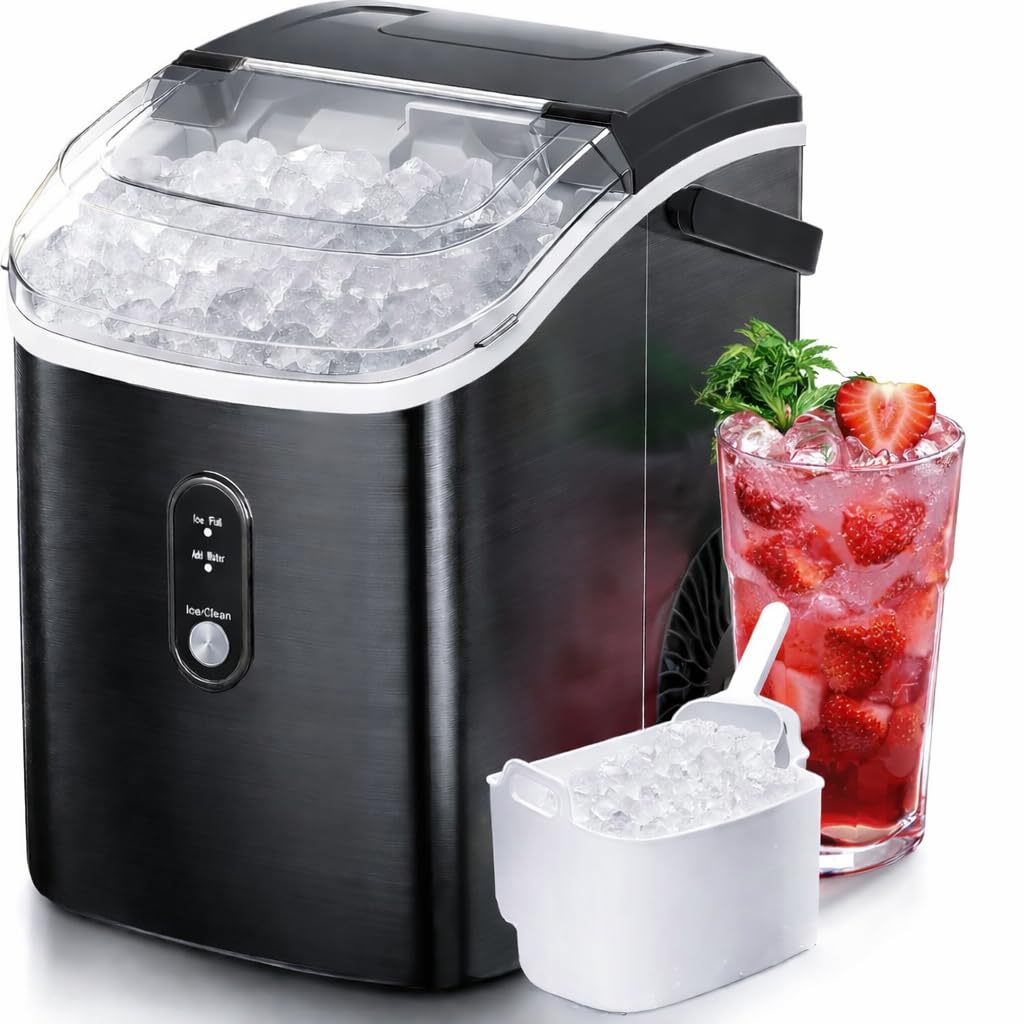Nugget Countertop Ice Maker with Soft Chewable Pellet Ice, Pebble Portable Ice Machine, 34Lbs/24H, Self-Cleaning, Sonic Ice Maker, One Button Operation, for Kitchen,Office Stainless Steel Silver