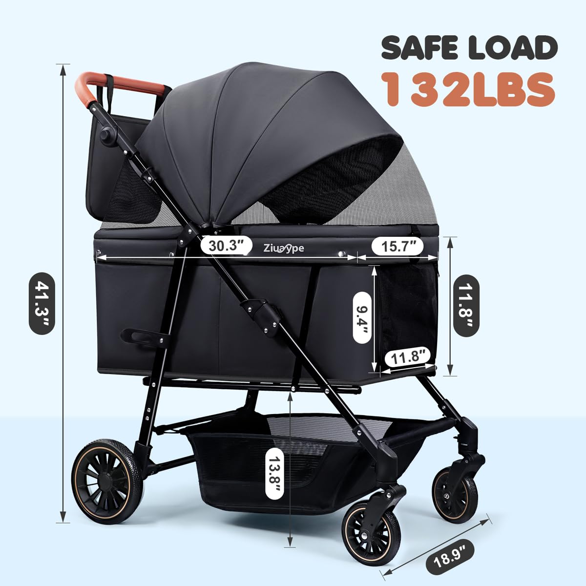 Dog Stroller for Large & Medium Dogs (20–132 lbs), Pet Stroller for 2 Small Dogs, Cat Strollers for 2 Cats, Extra Large Heavy Duty, Foldable & Fully Ventilated Design, Black