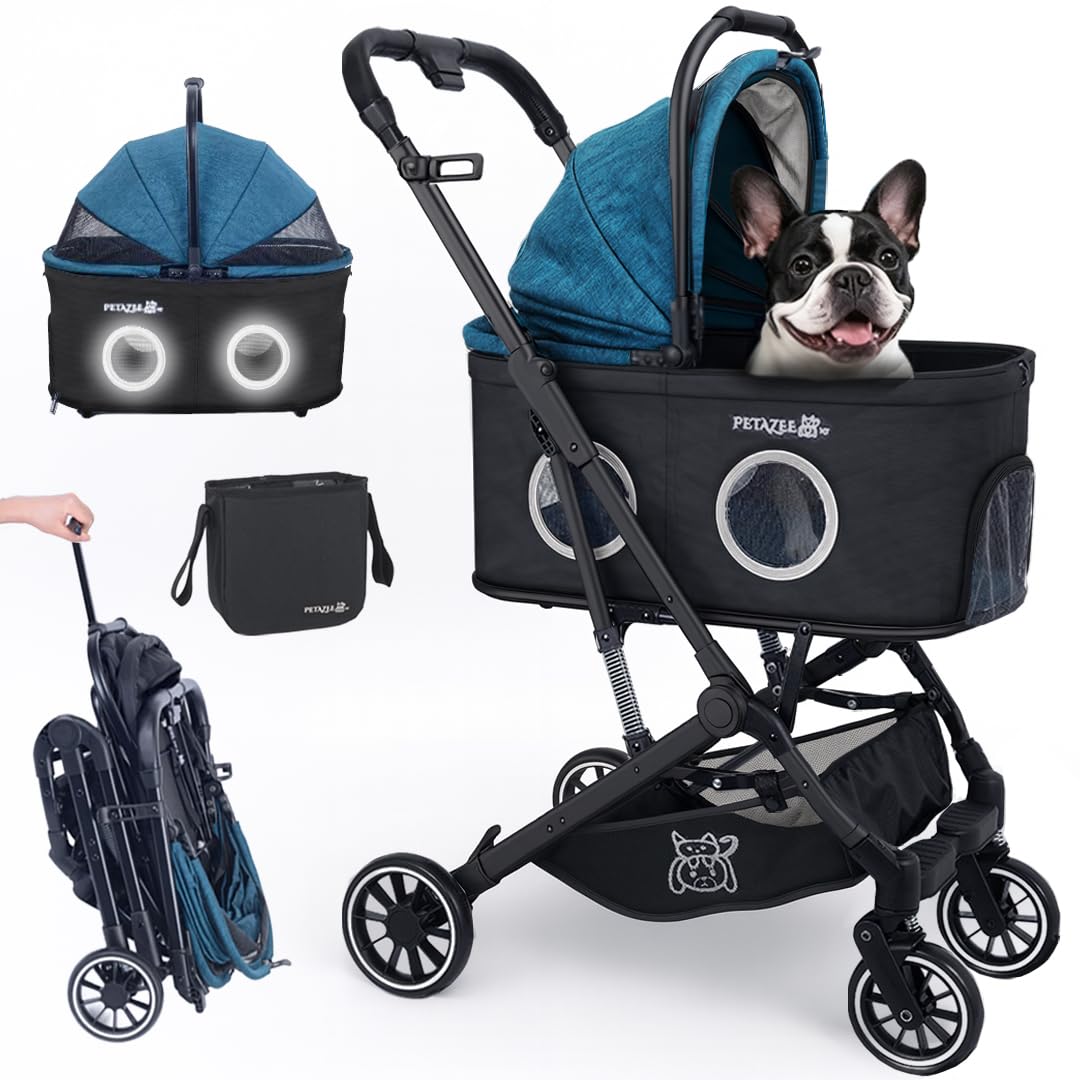 Pet Stroller for Small & Medium Dogs and Cats Up to 50 lbs, 3-in-1 Lightweight Dog Stroller with Detachable Carrier, 360° Mesh Windows, One-Click Fold, Storage Bag & Basket, Cup Holder, All-Terrain