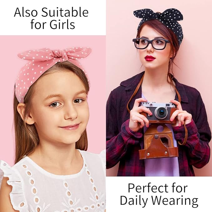 TOBATOBA 6Pack Polka Dot Bow Headbands - Cute Bunny Ears Top Knot, Vintage Hair Accessories for Women and Girls
