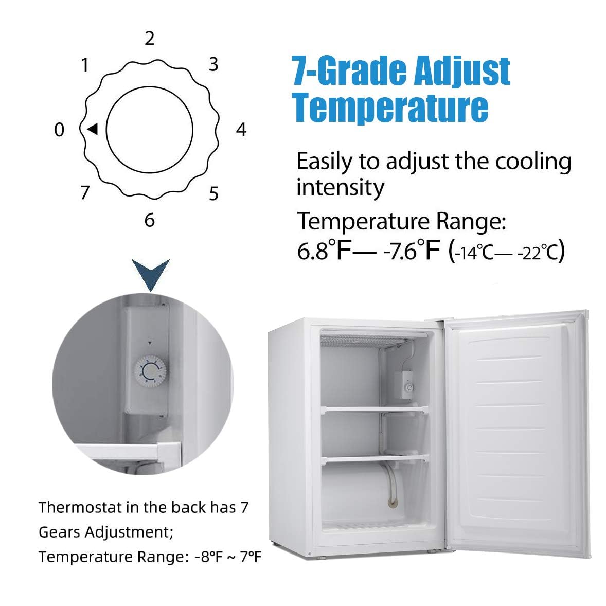 Antarctic Star 3.0 Cu.Ft Upright Freezer, Compact Mini Freezer with Reversible Door, 7-Temp Control, Removable Shelves, Stainless Steel for Dorm, Home, Office, White