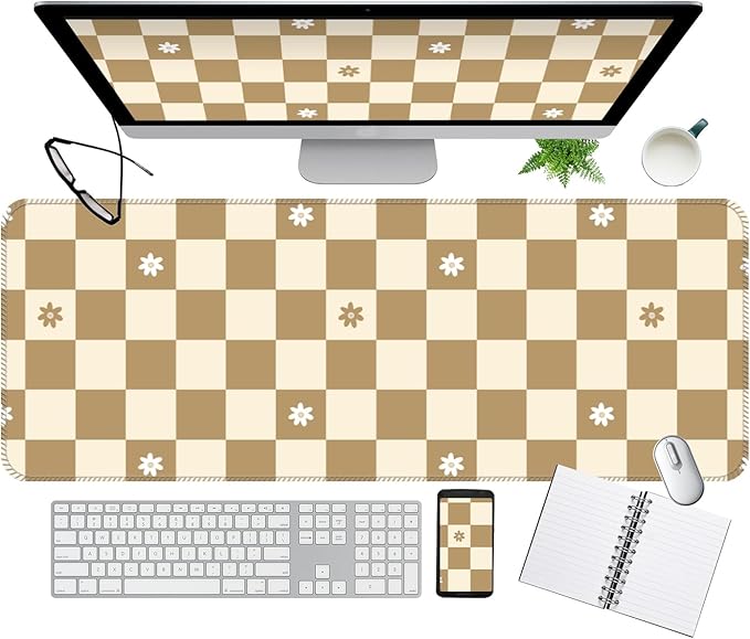 Desk Mat,Big Desk Pad,31.5 x 11.5in Extended Gaming Mouse Pad,Large Mouse Pad for Desk Rubber Base Mousepad with Stitched Edges,Keyboard Mouse Mat for Work Game Office Home - Beige Chessboard Flower
