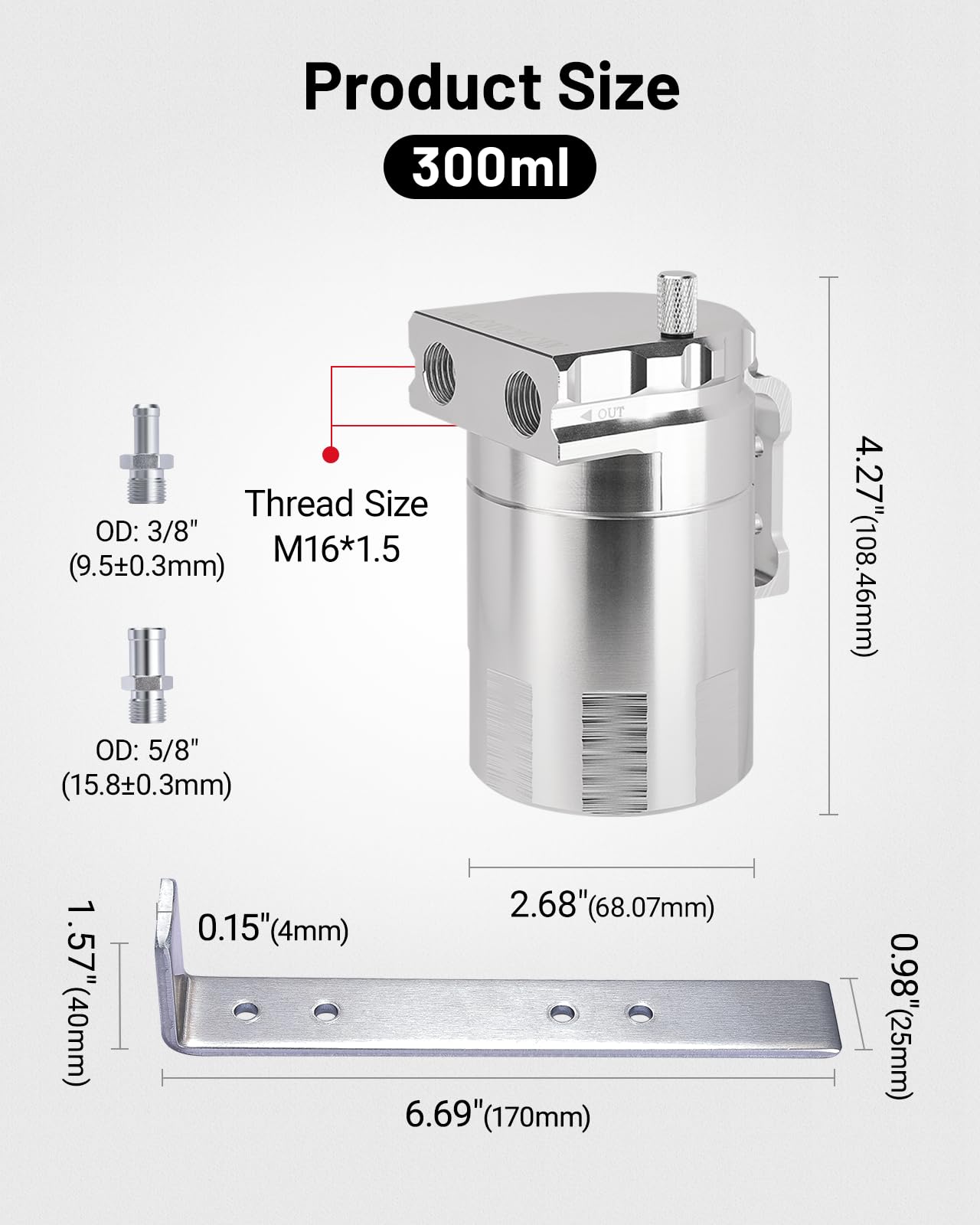 EVIL ENERGY Oil Catch Can, Universal Baffled Catch Can Kit with NBR Fuel Hose, 300ml Aluminum Air Oil Separator Tank for PCV System Silver