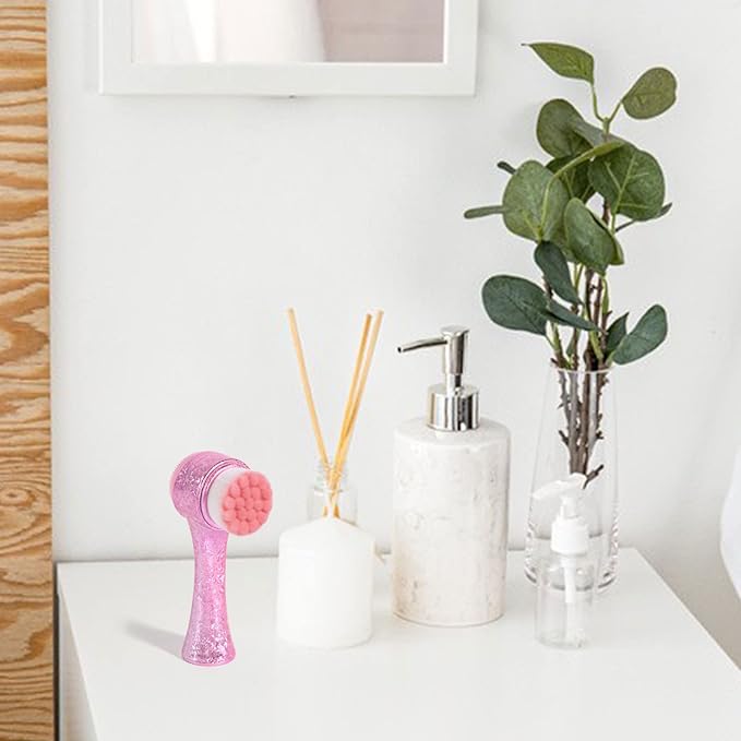 Face Brush 2 in 1, Facial Cleansing Exfoliating Brush with Ultra Fine Soft Bristles for Pore Deep Cleansing Silicone Double Side Face Wash Scrub Brush for Skin Care, Ice Flower Pink