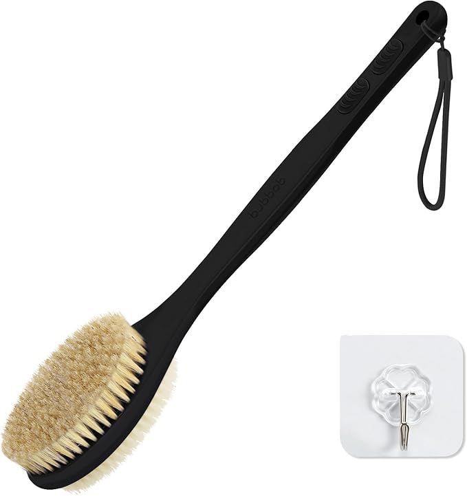 Back Scrubber for Shower with Long Handle, Exfoliating Bath Brush for Body - Double Sided Bristles (Stiff & Soft), Anti-Slip Grip, Lightweight - Gift for Seniors, Includes Lanyard & Hook,Black