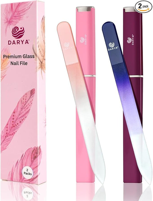 DARYA Crystal Glass Nail File Set (2 Pack) with Protective Case – Premium Double-Sided Etched Glass Fingernail Files for Natural Nails, Gentle Nail Care Manicure Tool for Women & Men