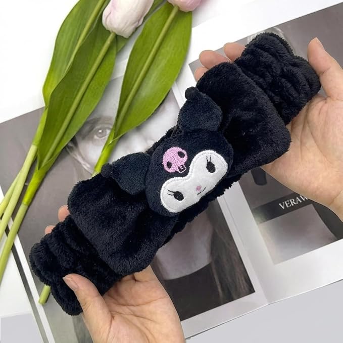 Kawaii Cartoon Headband, Cute Anime Spa Band for Women face Washing Makeup Skincare, Soft Microfiber Coral Shower Fluffy Towel Hairband for Girls (Bkuro)