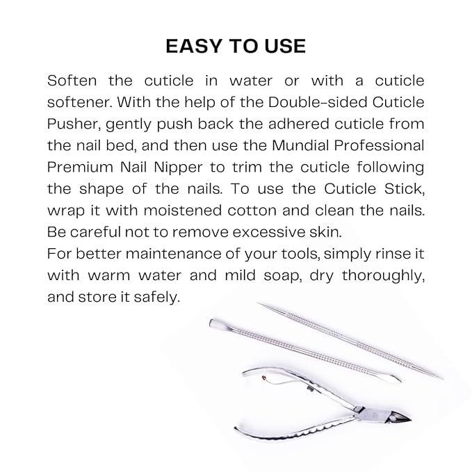 Mundial Nail Care 3 Piece Set - Professional Stainless Steel Cuticle Nippers with Double Nail Spatula and Pusher, Manicure, and Pedicure Trimmer Kit