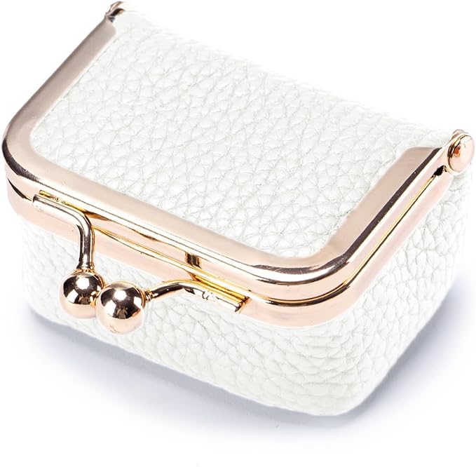Genuine Leather Mini Jewelry Box - Vintage-Inspired Small Travel Jewelry Case with Kiss Lock | Compact Ring Box for Women | Holds Earrings, Rings, Necklaces, Bracelets (White S 2.56in)