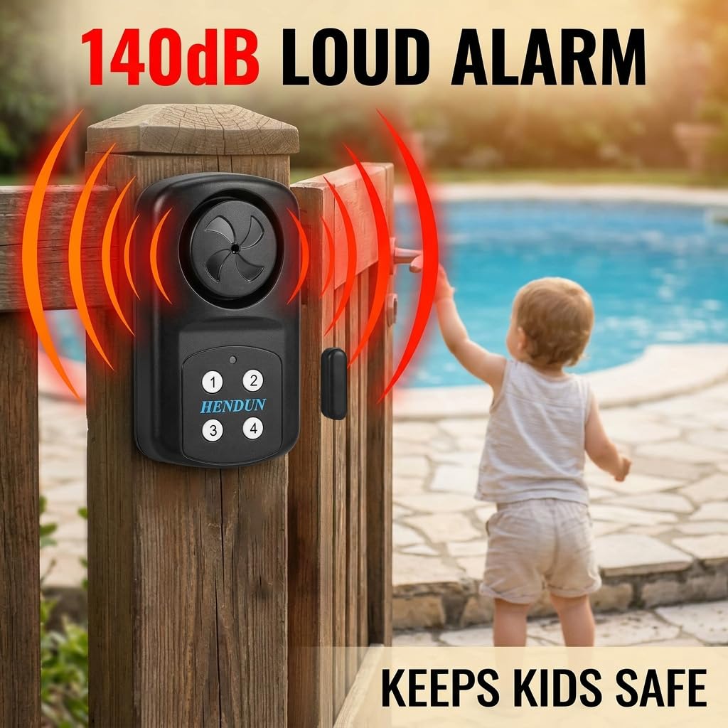 HENDUN Pool Gate Alarm Outdoor Wireless with Remote, 140db Loud, Waterproof Door Alarm Sensor, Kids Safety, Weatherproof Garage Fence Entry Chime (2 Pack)