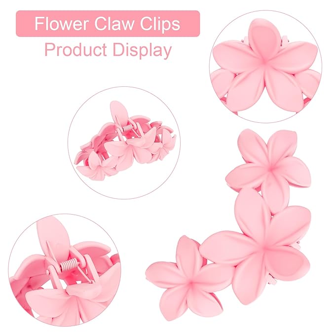 ANBALA Flower Claw Hawaiian Hair Clip, 4PCS Large Plumeria Hair Clips for Women, Non-Slip Strong Hold Clips for Thick Hair, Beach Hair Accessories (Pink, Gradient White, Dark Pink)