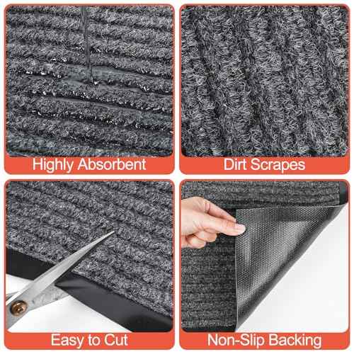 MYFAMIREA Commercial Floor Mat 3' x 5' Extra Large Front Door Industrial Rug Heavy Duty Brush Step Entrance Mat Weather Utility Rug with Non Slip Rubber Backing Low Profile for Entryway, Charcoal Grey