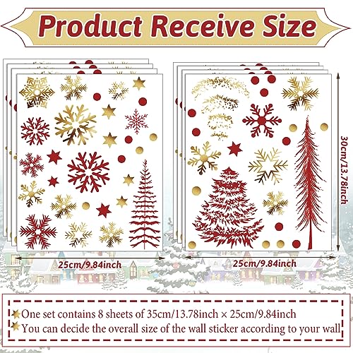 Teling 8 Pieces Winter Snowflake Wall Decals Stickers Dreamy Nursery Forest Woodland Trees Deer Pine Tree Wall Decals for Kids Room Winter Decor(Red, Gold)
