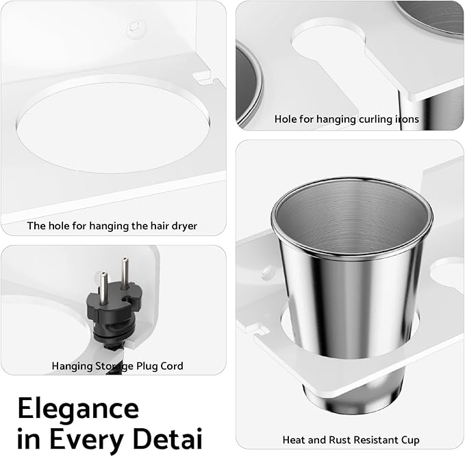 HIIMIEI Hair Tool Organizer Wall Mount, White Acrylic Hot Tool Holder with 2Cups, Bathroom Hair Styling Accessories Storage Organizer for Flat Iron, Blow Dryer, Curling Wand